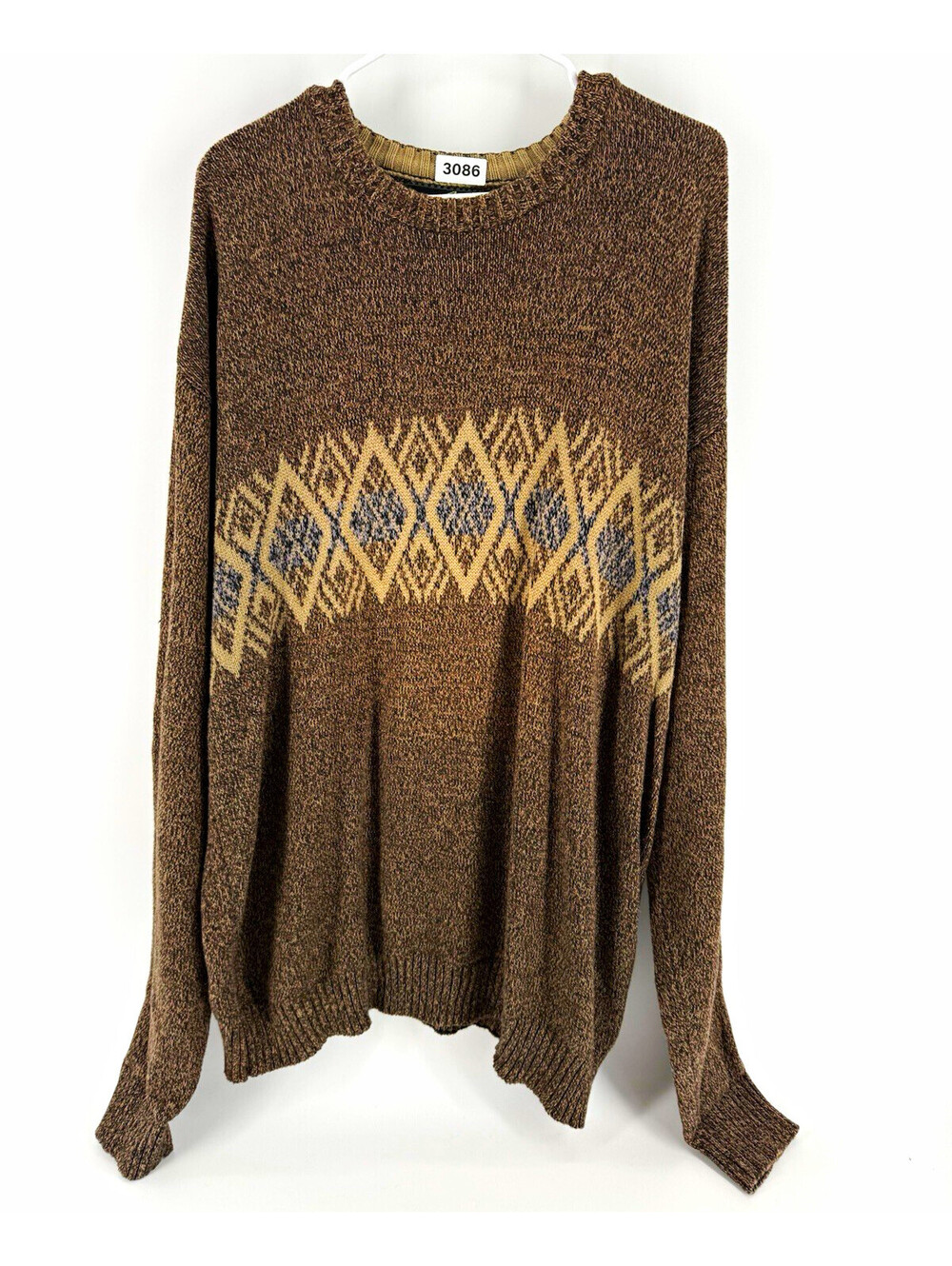 Studio by Bill Blass Mens 2XLT Brown Crew Neck Pullover Argyle Cotton Knit